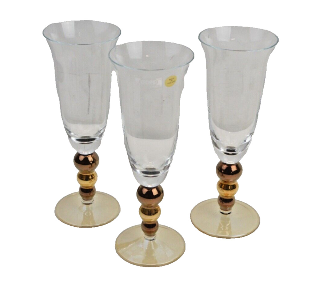 Krosno Poland Amber Luster Gold Ball Stem Champagne Flutes 8" Glasses Set of 3